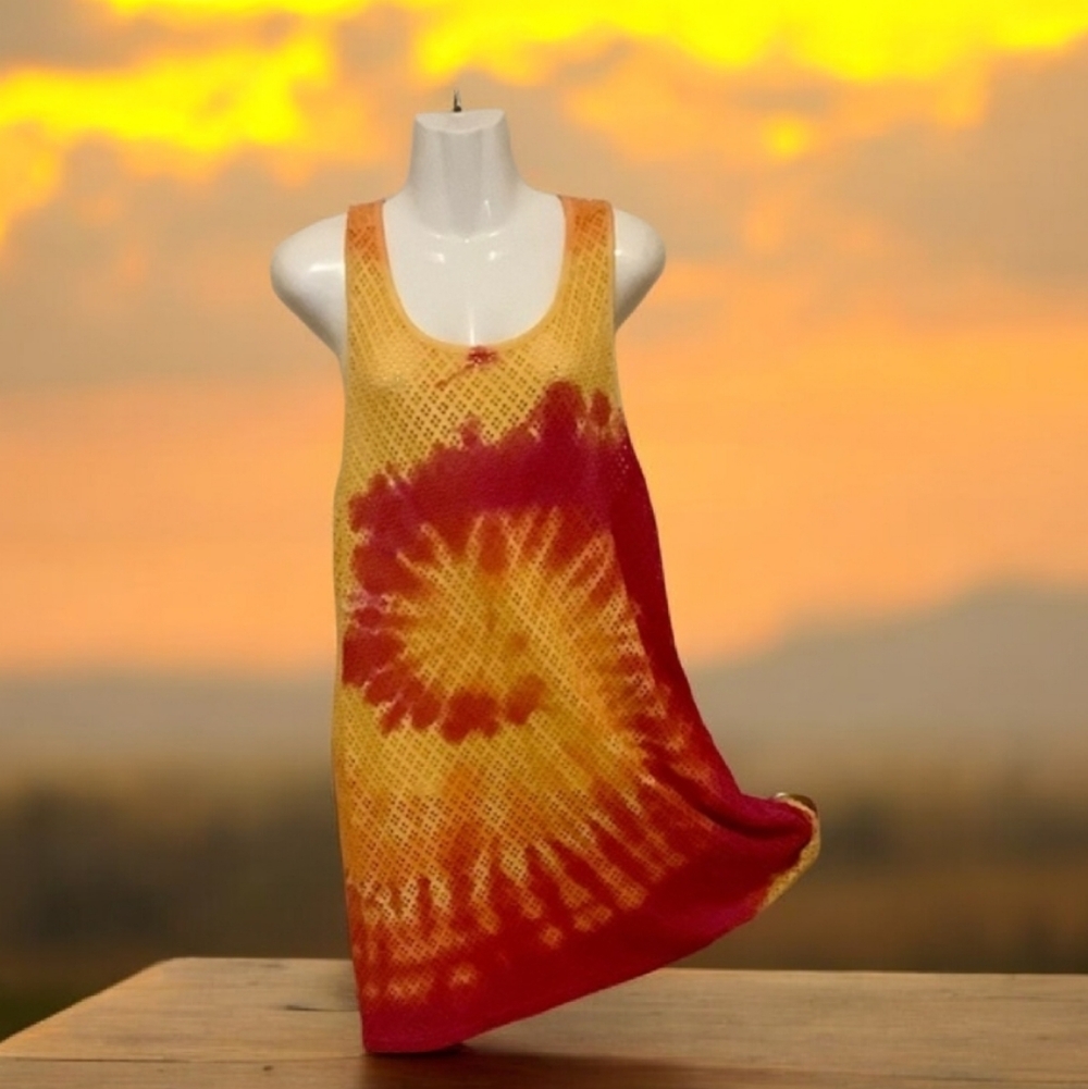 Beach cabana, beach, cover-up, yellow orange, pink crocheted look size L…